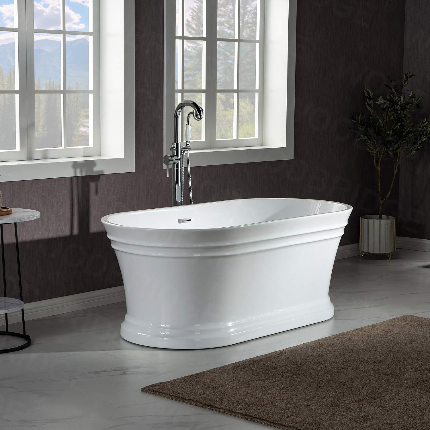 WOODBRIDGE 59'Freestanding White Acylic Soaking Bathtub with White Pillow,Drain and Overflow inChrome,BTA1536 -C-Drain &O+ Pillow