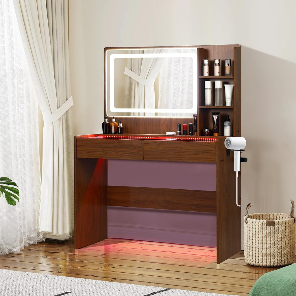 Vanity Desk, Makeup Vanity Desk with Mirror and Lights, Transparent Top with LED Multiple Color Lights, Mirror 3 Color Modes 2 Drawers, Power Outlet, Dressing Table for Girls Bedroom, Peach