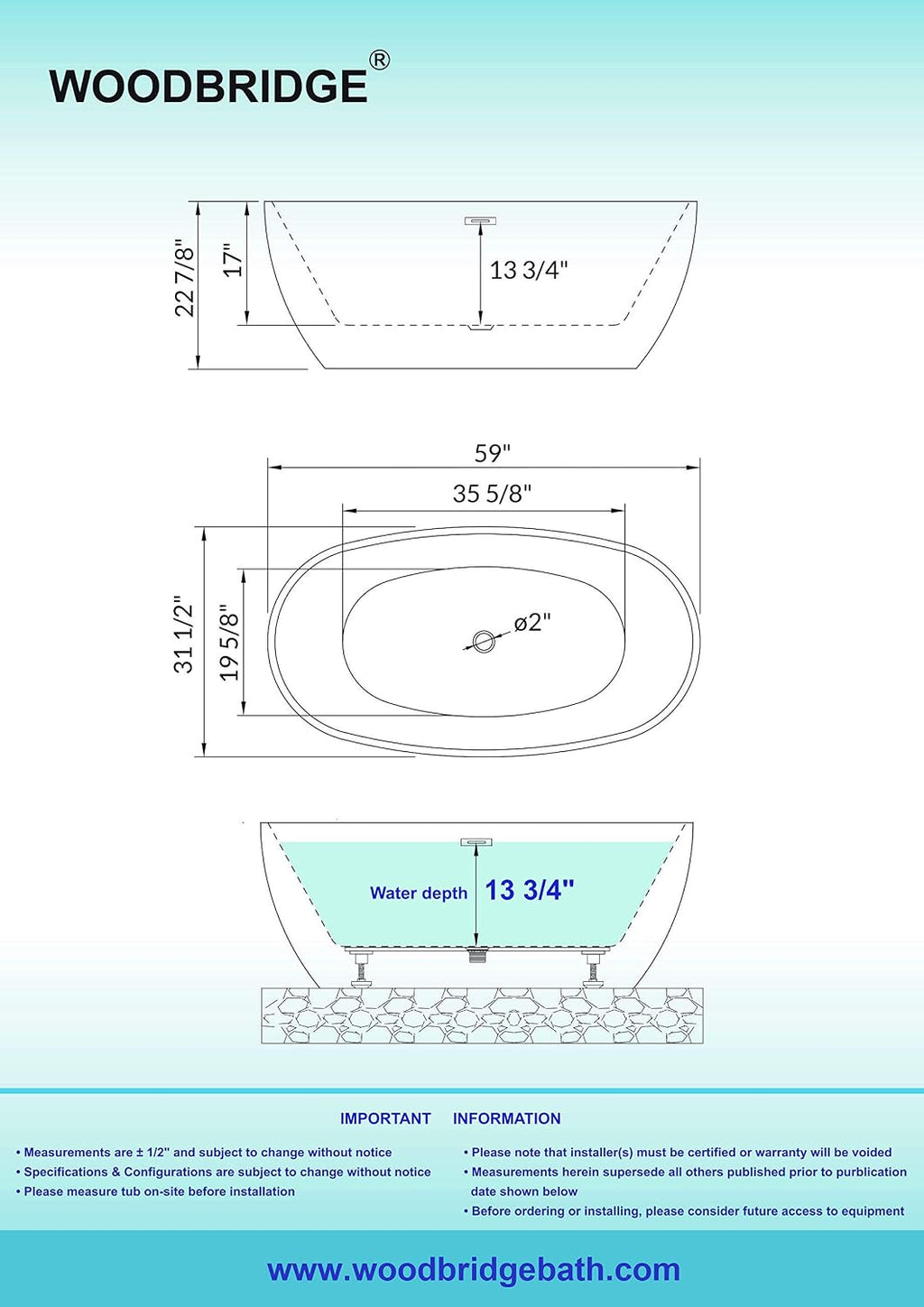 WOODBRIDGE BTA1518-ORB-Drain &O Bathtub, Oil-Rubbed Bronze