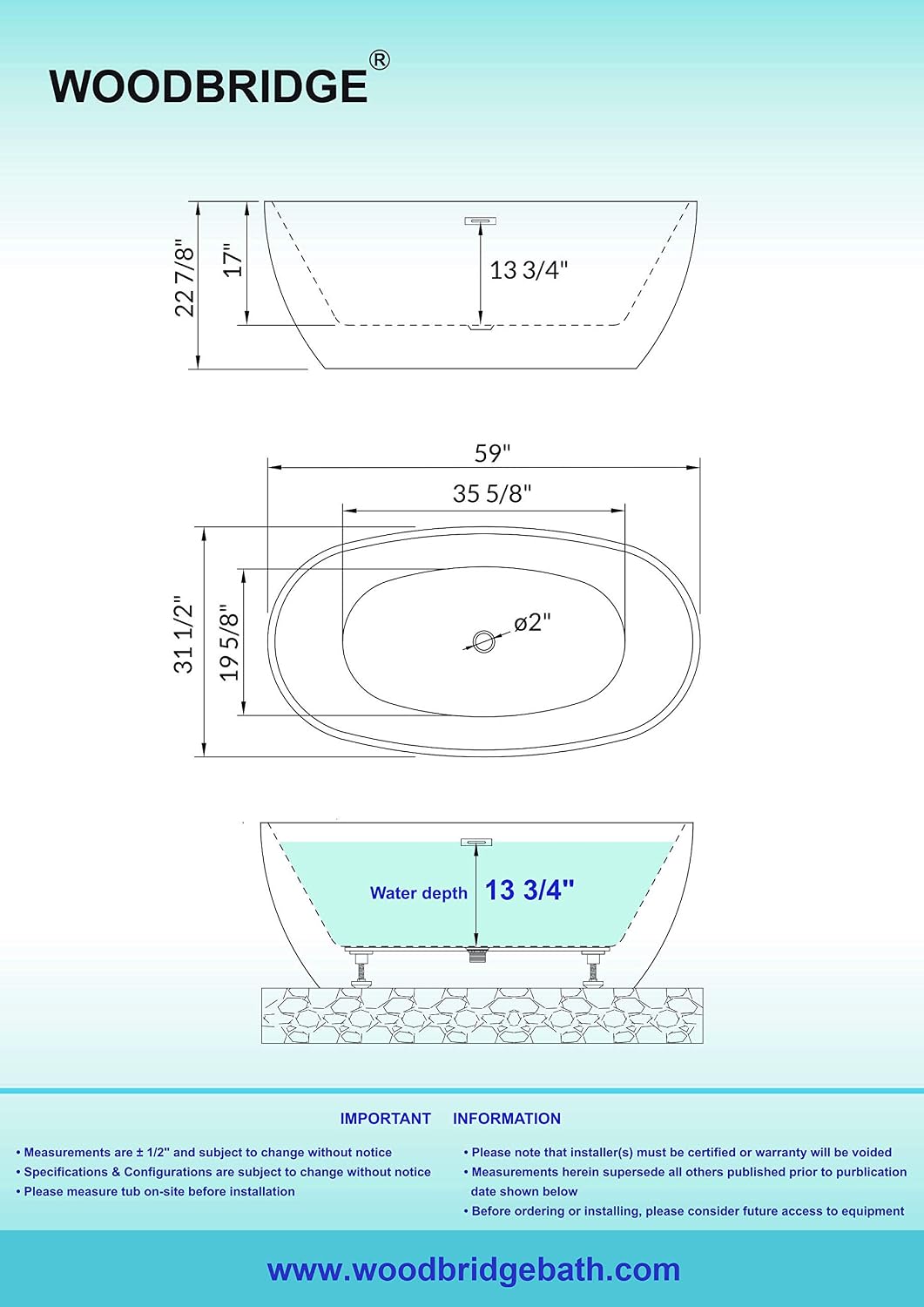 WOODBRIDGE BTA1518-ORB-Drain &O Bathtub, Oil-Rubbed Bronze