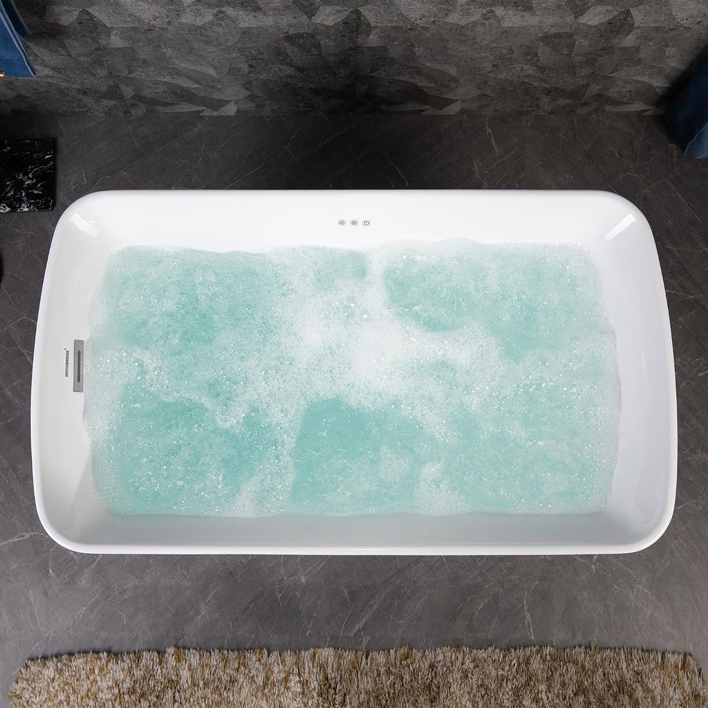 WOODBRIDGE 48' Acrylic Freestanding Rectangular Air Bath Bathtub with Pre-molded Seat and Chrome Pop-Up Drain and Overflow Option, White, B0170-C