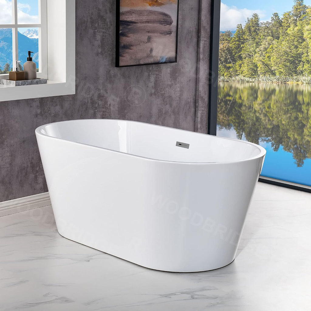 WOODBRIDGE 54' Acrylic Freestanding Bathtub Contemporary Soaking White Tub with Chrome Overflow and Drain,B1702-CH