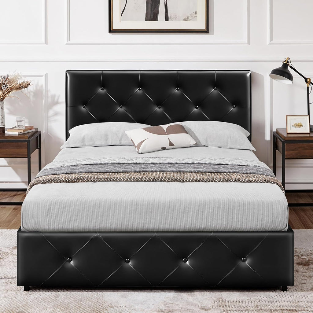 Yaheetech Upholstered Bed Frame with 4 Storage Drawers and Adjustable Headboard, Faux Leather Platform Bed Frame with Mattress Foundation, Strong Wooden Slats Support, No Box Spring Needed, Black-Full