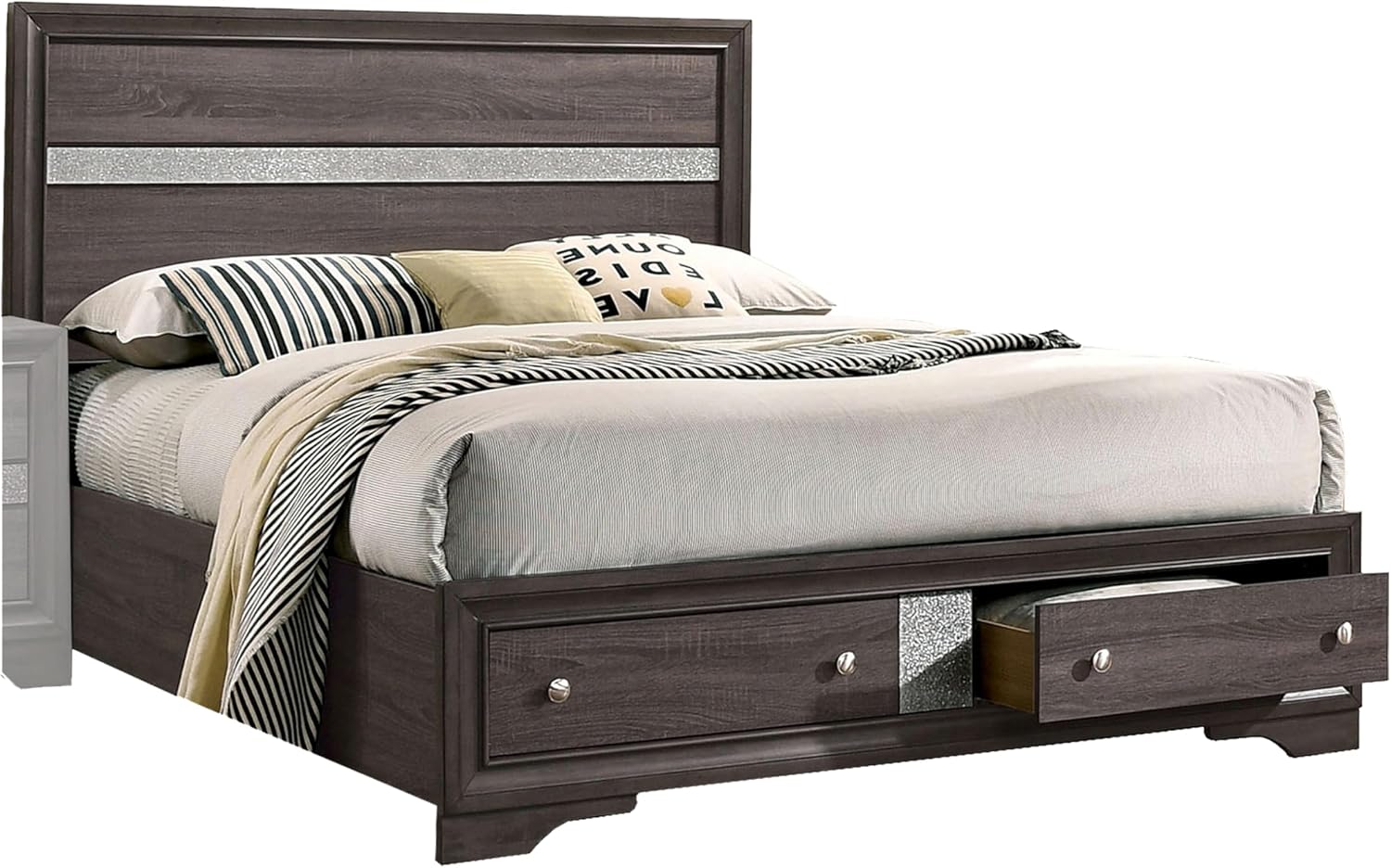 Benjara Po Four PC Queen Size Silver Accented Solid Wood Bedroom Set-Gray-Brown