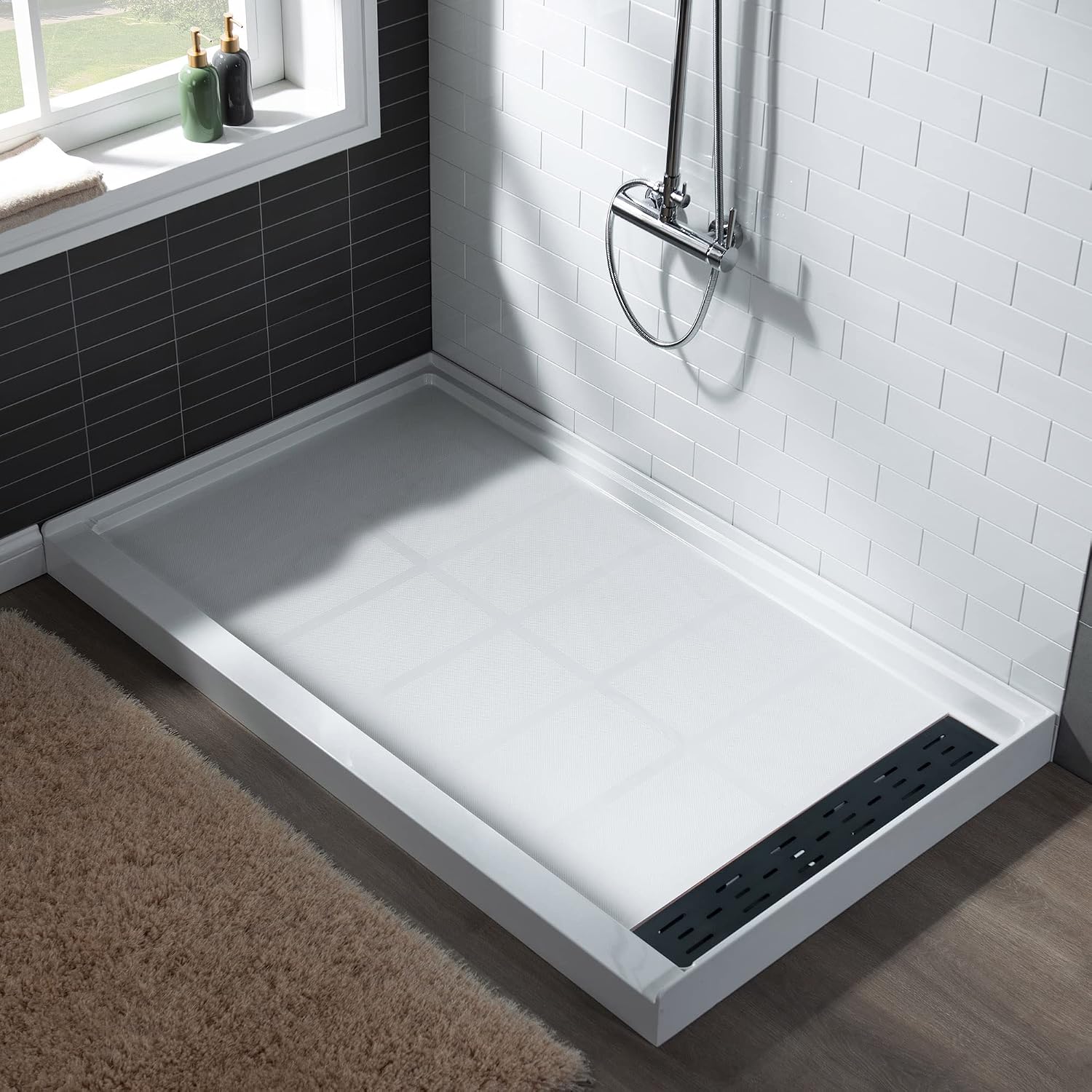 WOODBRIDGE Solid Surface Shower Base with Recessed Trench Side Including Oil Rubbed Bronze Linear Drain Cover L x W x H, 60'L x 30'Wx 4'H,Right Drain,White Color