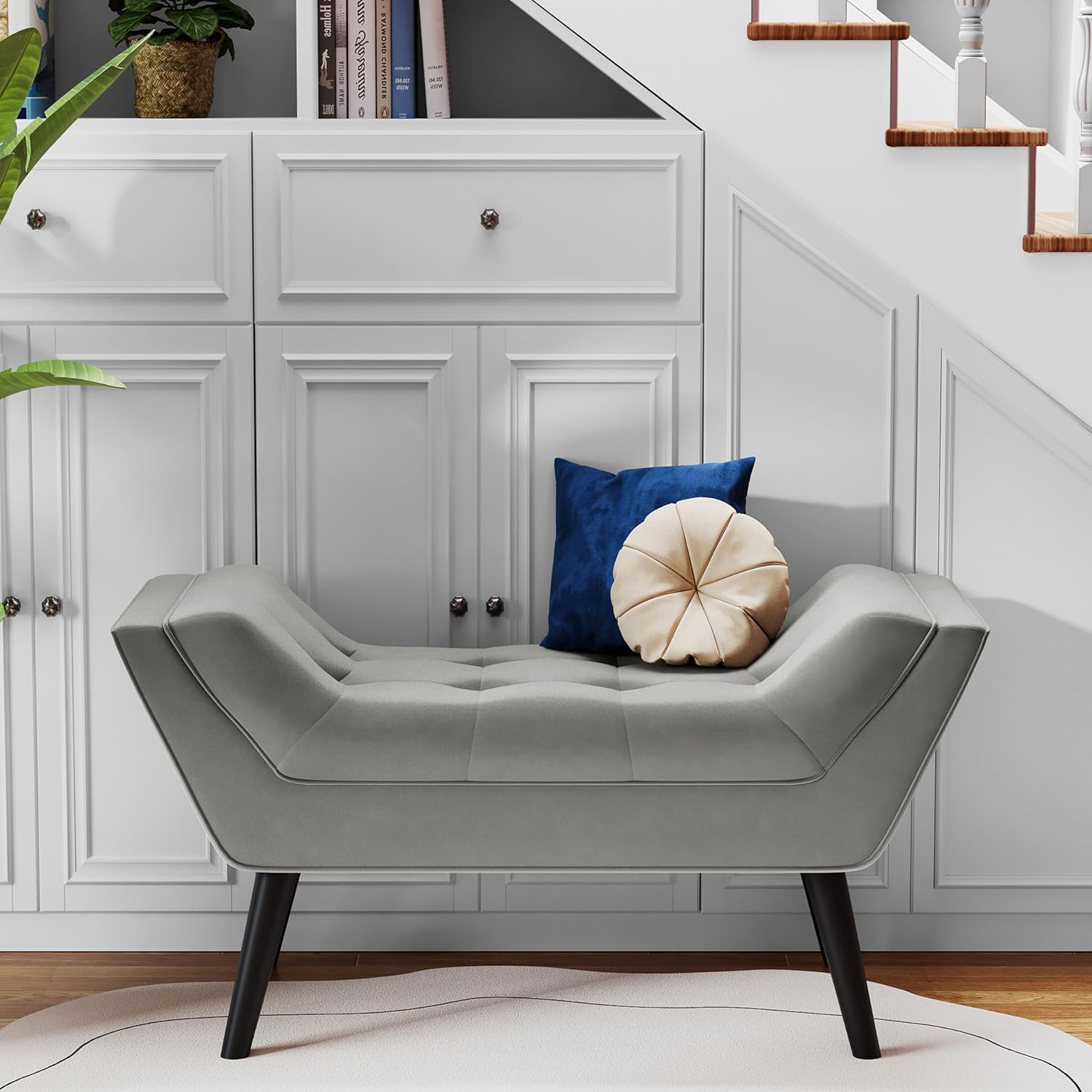 Andeworld Upholstered Tufted Small Cute Bench Ottoman for Entryway Foyer Bathroom Vanity Bedroom (One Seater, Velvet Grey)