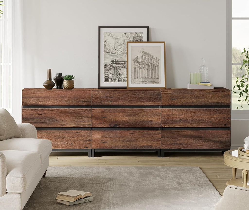 WAMPAT 3-Piece Modern Bedroom Furniture Set, 94.5-Inch Dresser with 9 Drawers and 2 Nightstands Featuring Drawer and Cabinet Design, Bedroom Set of 3, Brown