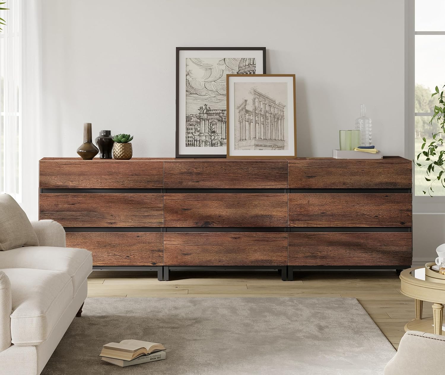 WAMPAT 3-Piece Modern Bedroom Furniture Set, 94.5-Inch Dresser with 9 Drawers and 2 Nightstands Featuring Drawer and Cabinet Design, Bedroom Set of 3, Brown