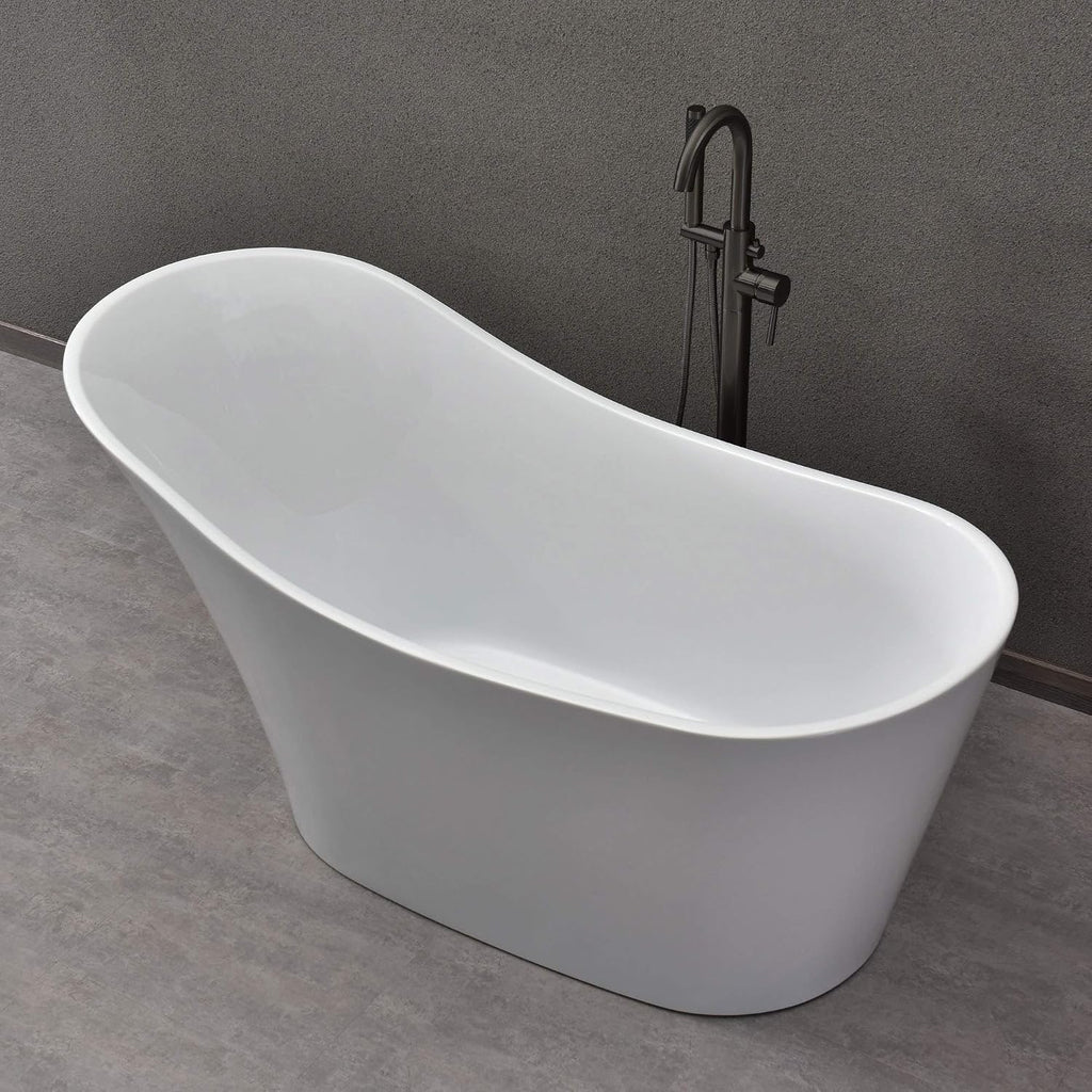 WOODBRIDGE 59' Acrylic Freestanding Bathtub Contemporary Soaking White Tub with Oil Rubbed Bronze Overflow and Drain，B0029-ORB-Drain&O