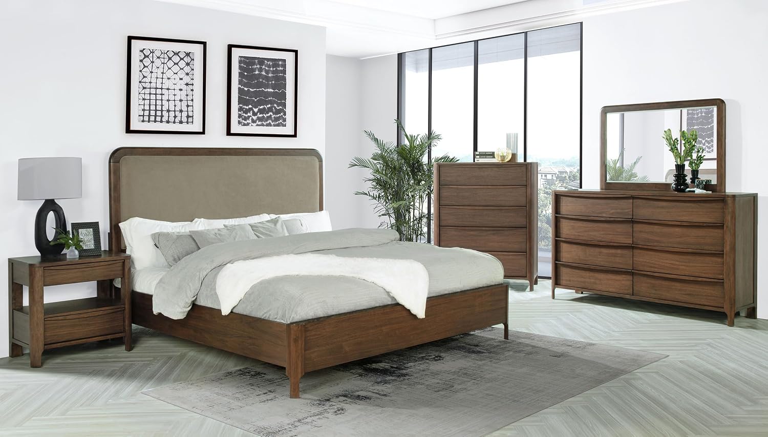 Coaster Home Furnishings Maderia Transitional 5-Piece Bedroom Set Fabric Upholstered California King Size Panel Bed Frame 57-inch Headboard Walnut 223321KW-S5