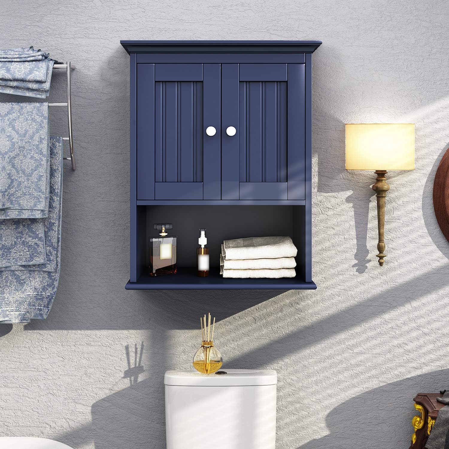 Treocho Wood Wall Cabinet, Bathroom Medicine Cabinet Storage with Doors and Adjustable Shelf, Rustic Cabinet Wall Mounted for Bathroom, Living Room, Kitchen, Blue