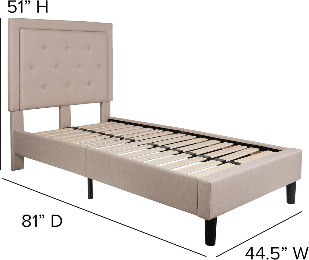 Flash Furniture Roxbury Twin Size Tufted Upholstered Platform Bed in Beige Fabric