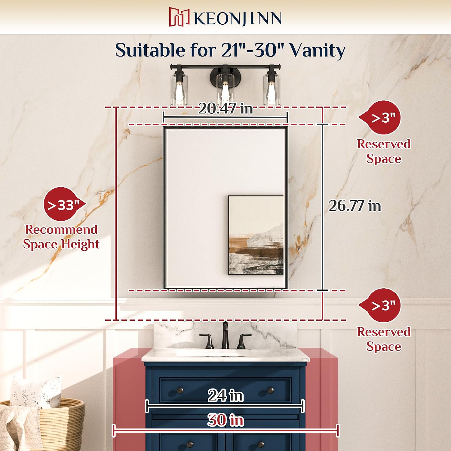 Keonjinn 21' x 27' Medicine Cabinet for Bathroom, Silver Recessed or Surface Wall-Mounted Aluminum Alloy Framed Beveled Mirror with Storage, Mirrored Cabinets with 2 Adjustable Shelves for Bath Modern