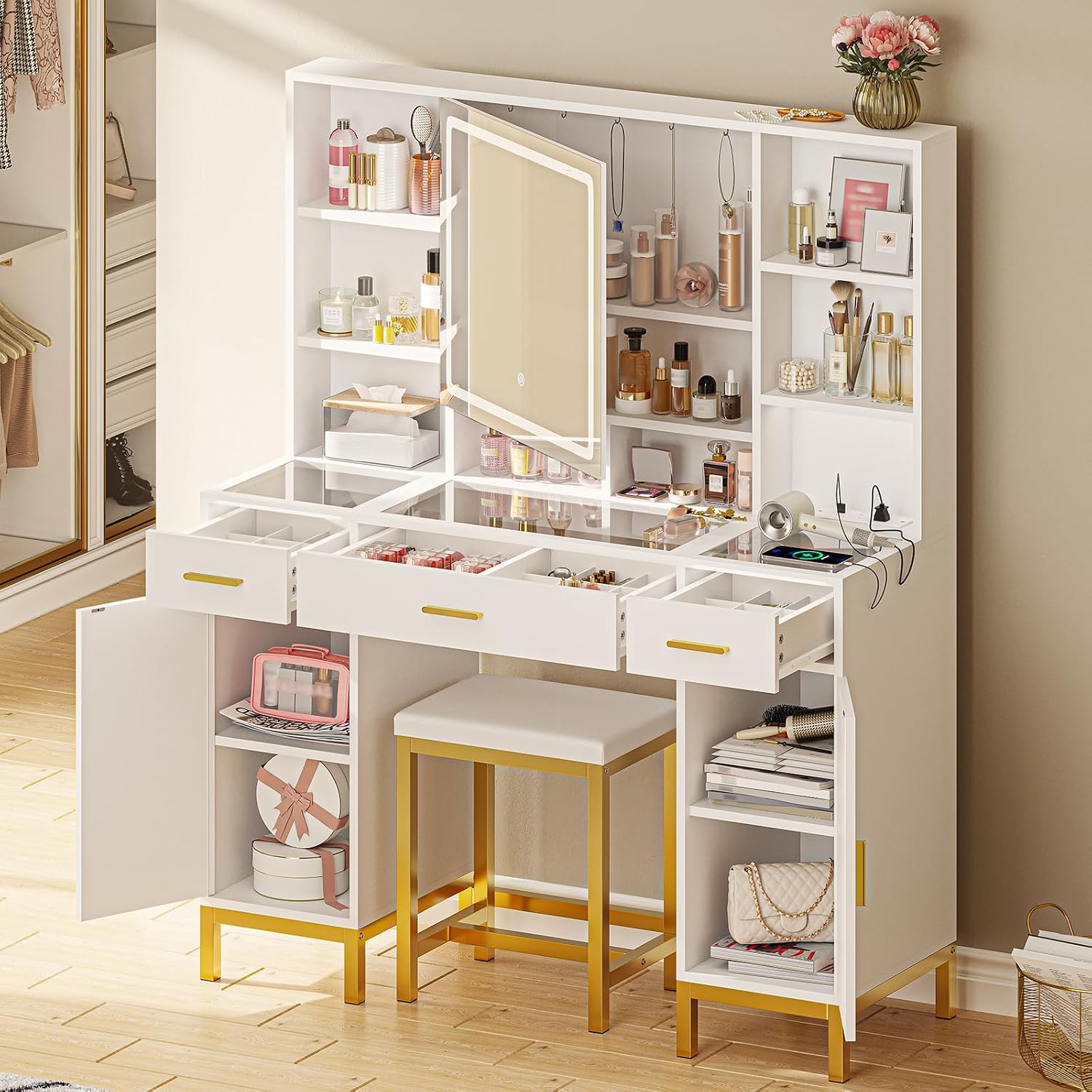 VIAGDO Vanity Desk with Openable Mirror and Lights, Glass Tabletop Makeup Vanity Set with Charging Station, White Vanity Table with 3 Drawers & 2 Cabinets, DIY Drawer Dividers, Hidden Hooks
