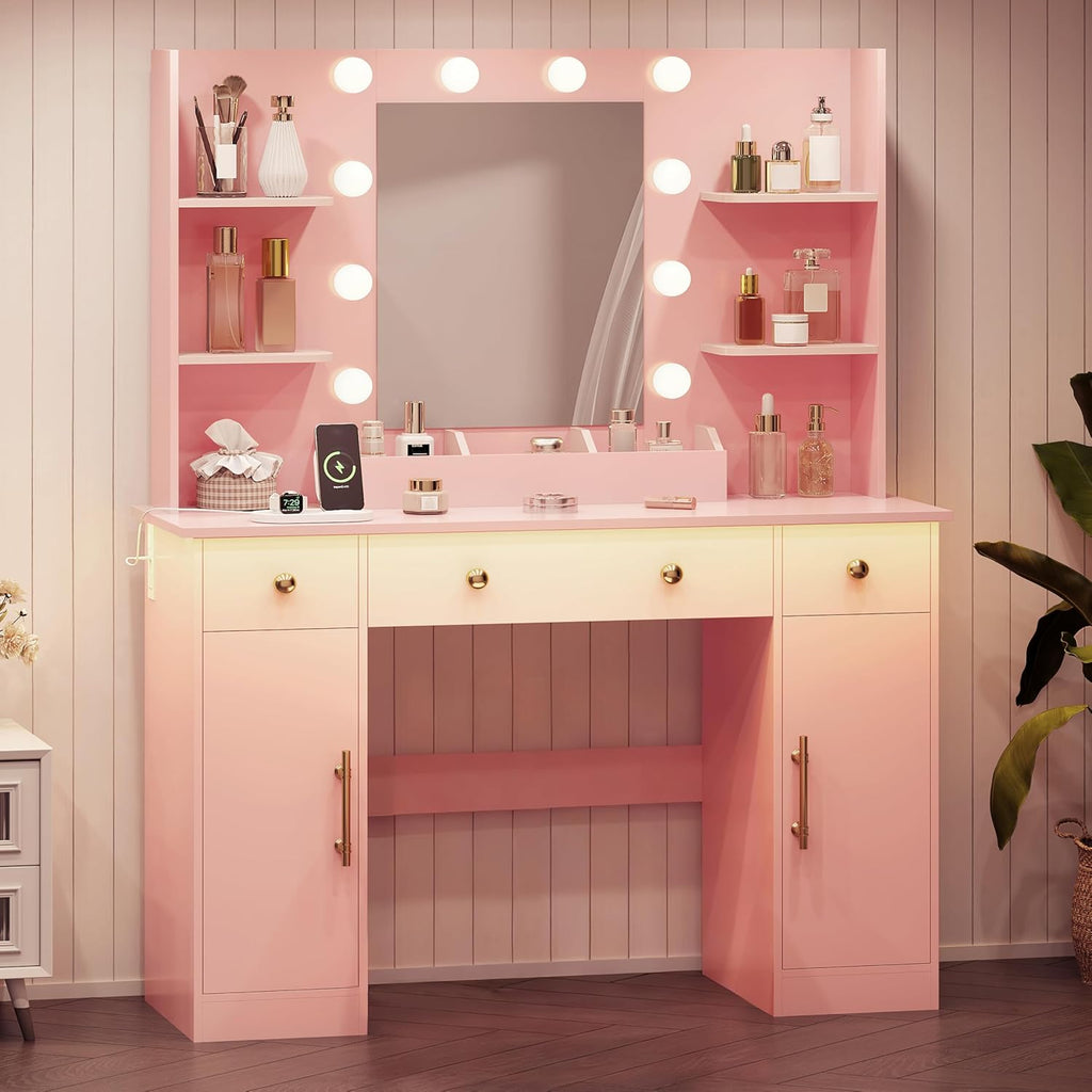 HUANLEGO Vanity Desk with Mirror and Lights, Makeup Vanity with Mirror and LED Lights & Power Outlet, 3 Drawers and Cabinets, 3 Lighting Modes Dressing Table Set for Girls Women Bedroom,Pink