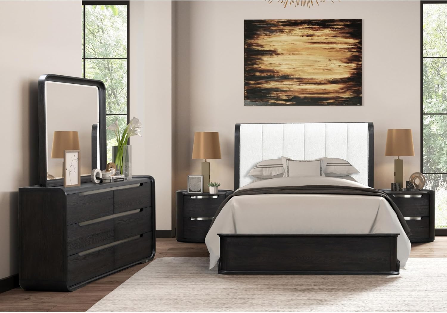 Furniture of America Teada Modern Solid Wood 5-Piece Bedroom Set with Padded Curved Headboard, Oval Nightstand, Felt-Lined Top and UV-Stained Lower Drawers, Box Spring Needed, King, Black