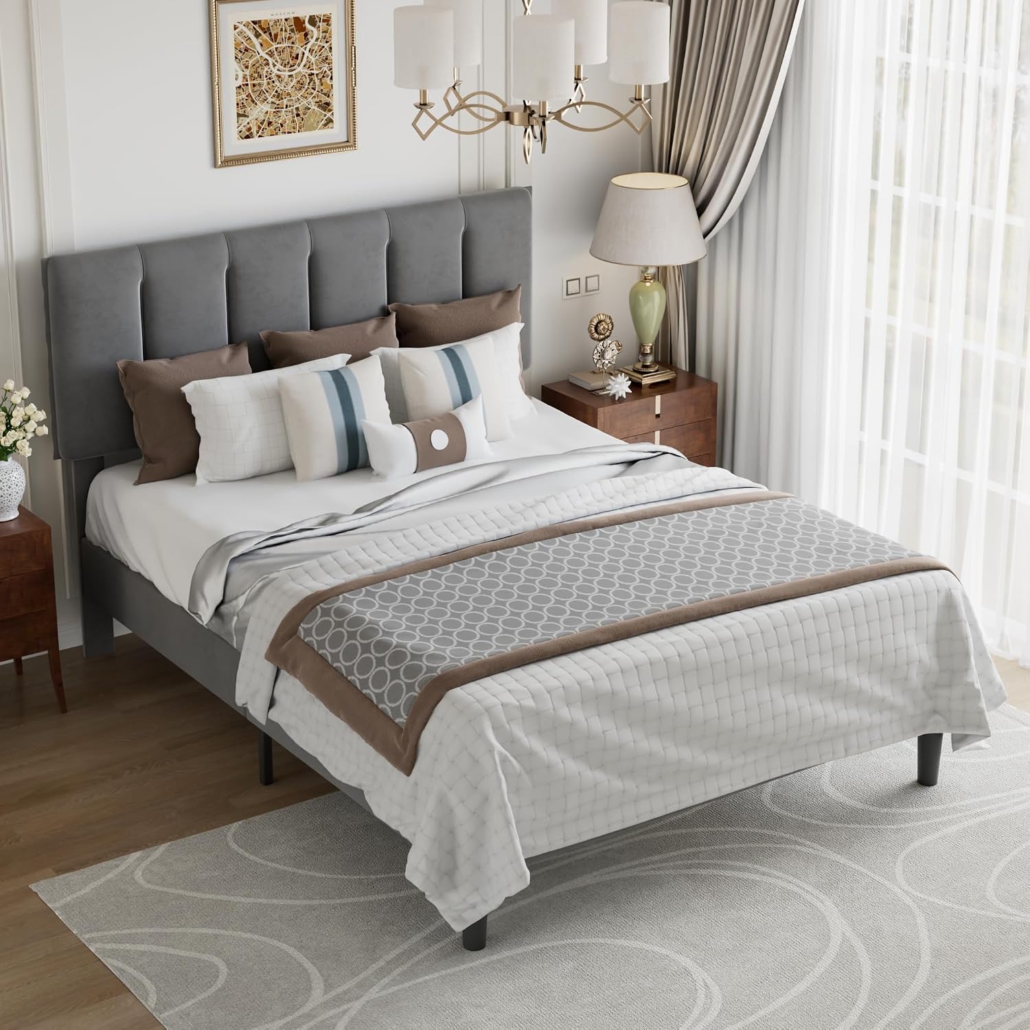 VECELO Queen Bed Frame with Upholstered Headboard, Heavy-Duty Platform Bedframe with Strong Wooden Slats Support, No Boxing Spring Needed, Dark Grey