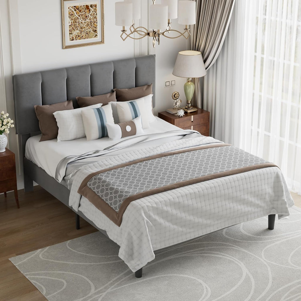 VECELO Full Size Bed Frame with Upholstered Headboard, Platform Bedframe with Strong Wooden Slats Support, No Boxing Spring Needed, Dark Grey