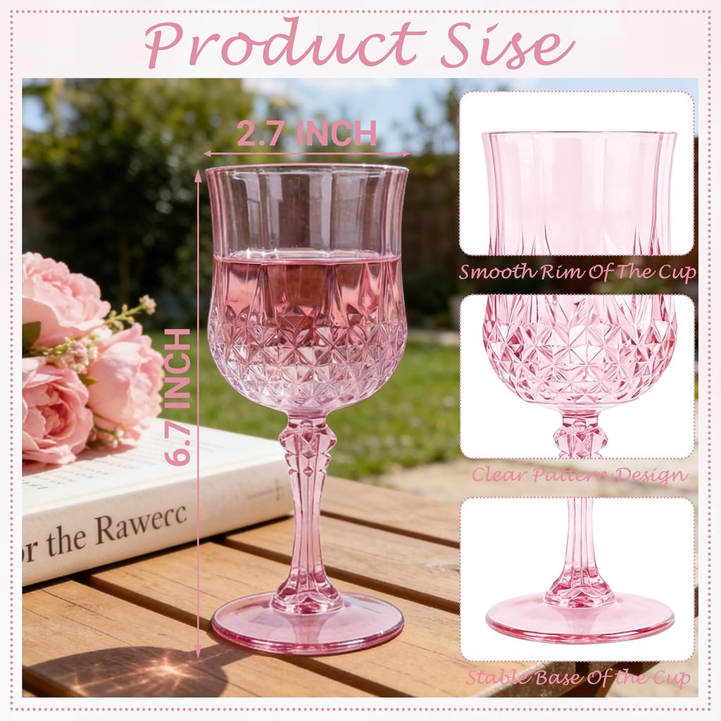Plastic Wine Glasses, Plastic Goblets Vintage Style Cordial Unbreakable Drinking Glasses, Reusable Drinkware for Wedding Reception, Grand Event Party Supplies (100, Pink)