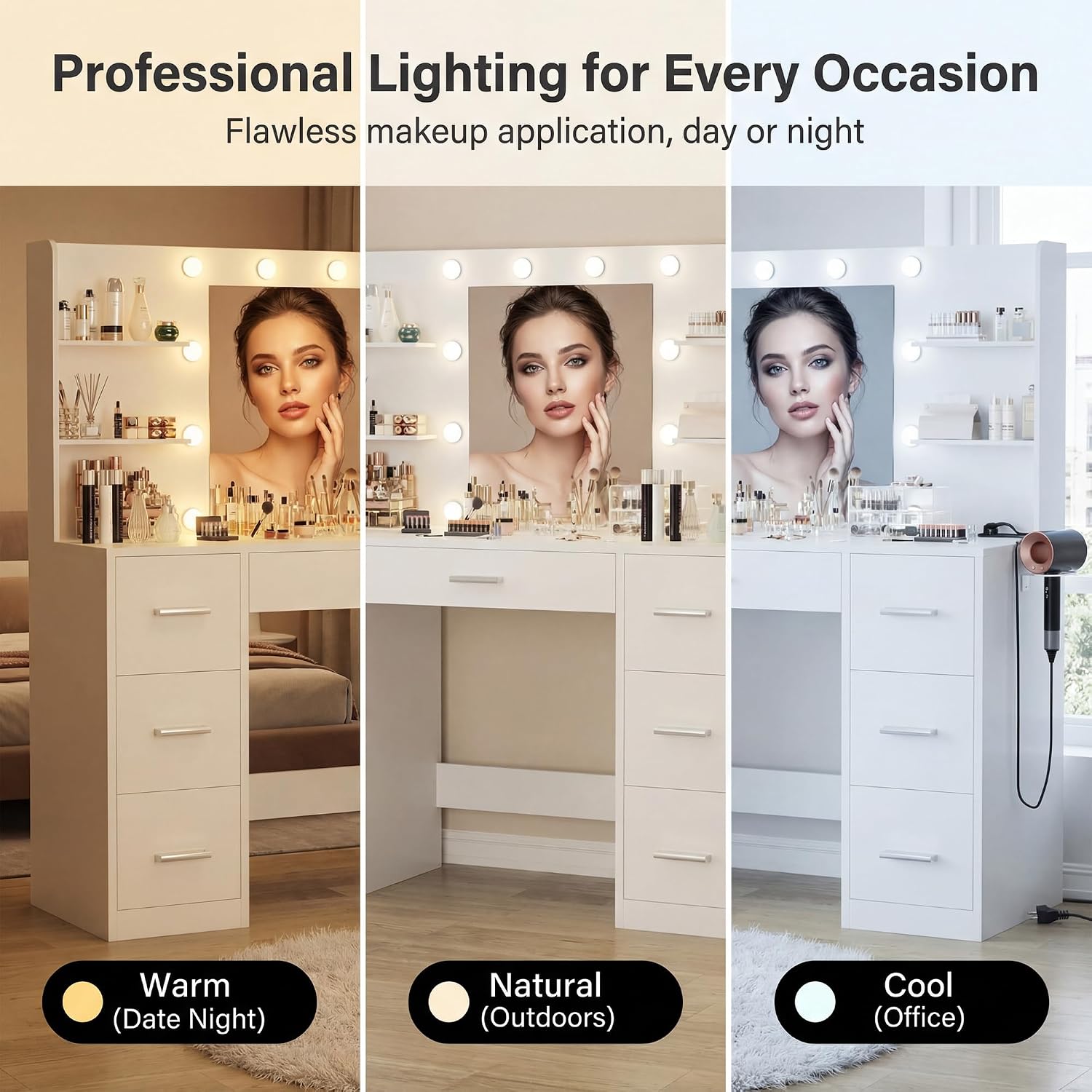 Furmax Vanity Desk with Mirror, LED Lights and Power Outlet Makeup Vanity Table with 7 Drawers and 6 Storage Shelves Dressing Table for Bedroom Dressing Room (Bright White)