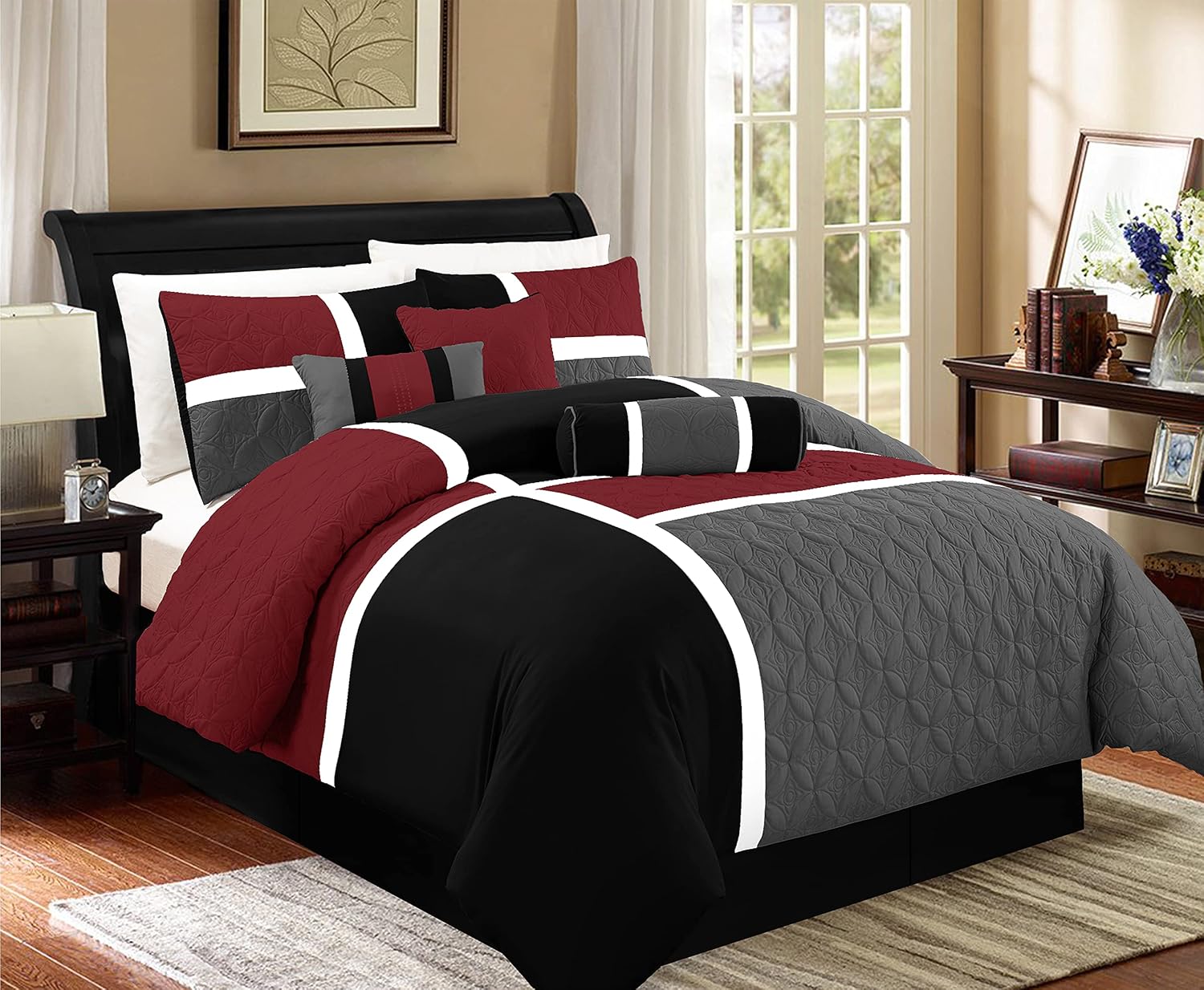 Chezmoi Collection Upland 7-Piece Quilted Patchwork Comforter Set, Red/Gray/Black, Oversized King