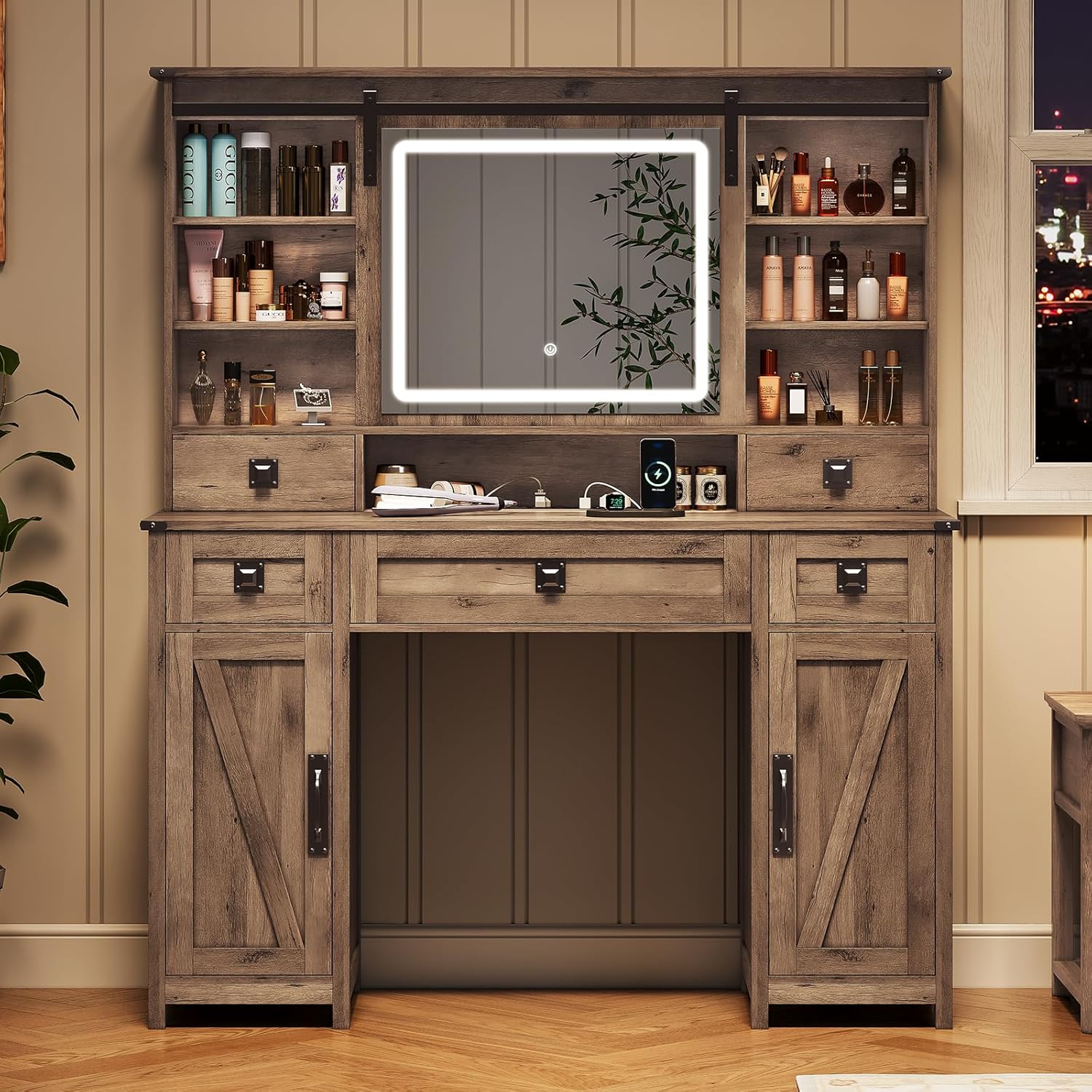 MSmask Makeup Vanity Desk with Lights, 47.2' Farmhouse Vanity Table with Sliding Mirror & Charging Station, Large Makeup Desk with 5 Drawers & 2 Cabinets, Rustic Oak