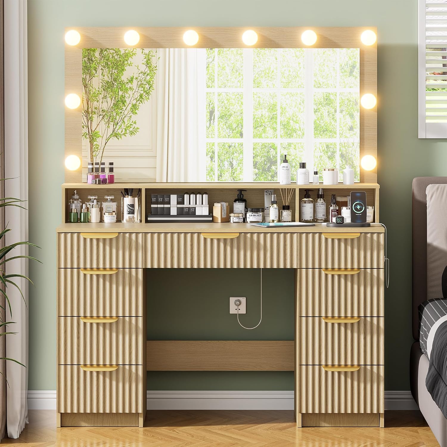 Fluted Vanity Desk with Mirror and Lights, Modern Make up Vanity Dressing Table with 9 Drawers & Large Mirror, Large Vanity Desk with Charging Station for Girls, Women, Bedroom, Natural Oak