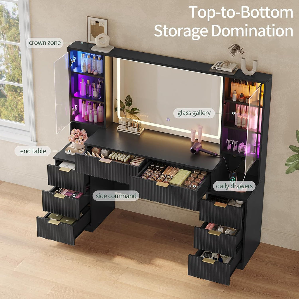 HAUOMS Big Vanity, 59.1' Fluted Wood Makeup Vanity Desk with Mirror and Sound Sync LED Lights, Large Vanity Dressing Table, 8 Drawers, 2 Glass Cabinets, with Charging Station for Girls, Women (Black)