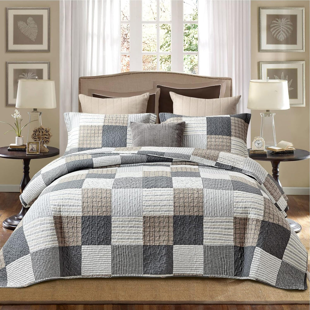 PANGUSHAN 100% Cotton Quilt Set King Size,Patchwork Plaid Bedding Bedspreads,Farmhouse Lightweight Comforter Reversible Quilt,White/Gray/Grey/Tan/Black/Cream Bed Spread King,3 Pieces
