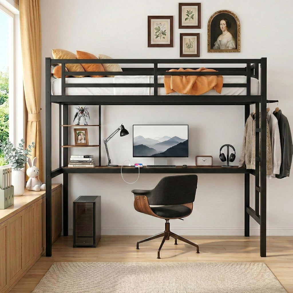 Twin Size Metal Loft Bed with Desk, LED Lights & USB Charging Station, Sturdy Noise-Free High Loft Bed Frame with Safety Guardrails, Space-Saving Loft Bedframe for Kids, Teens, Black