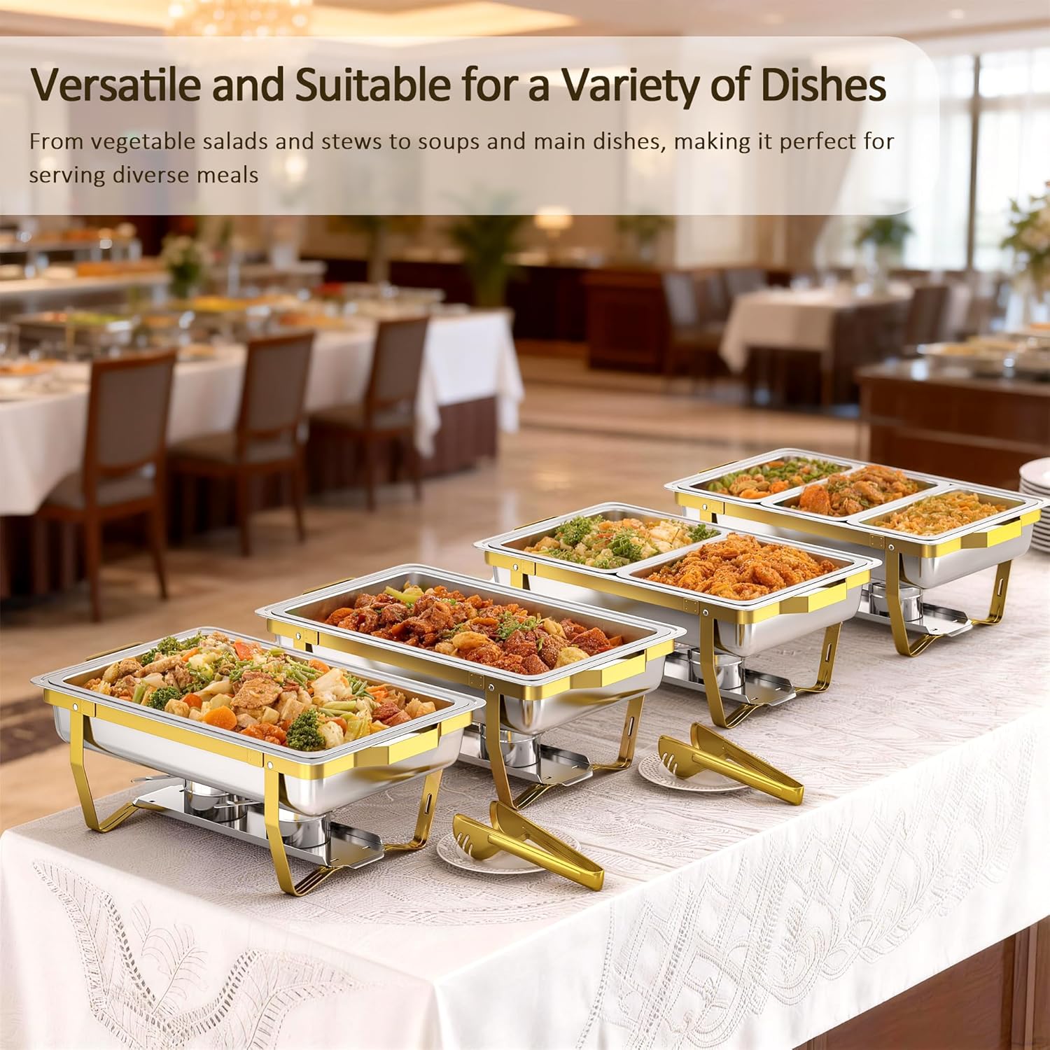 4 Pack Stainless Steel Chafing Dishes for Buffet, 9 QT Capacity with 7 Pans and Serving Utensils Food Warmers for Parties, Weddings, Events Hosting, Family Gatherings,Upgraded Base Design