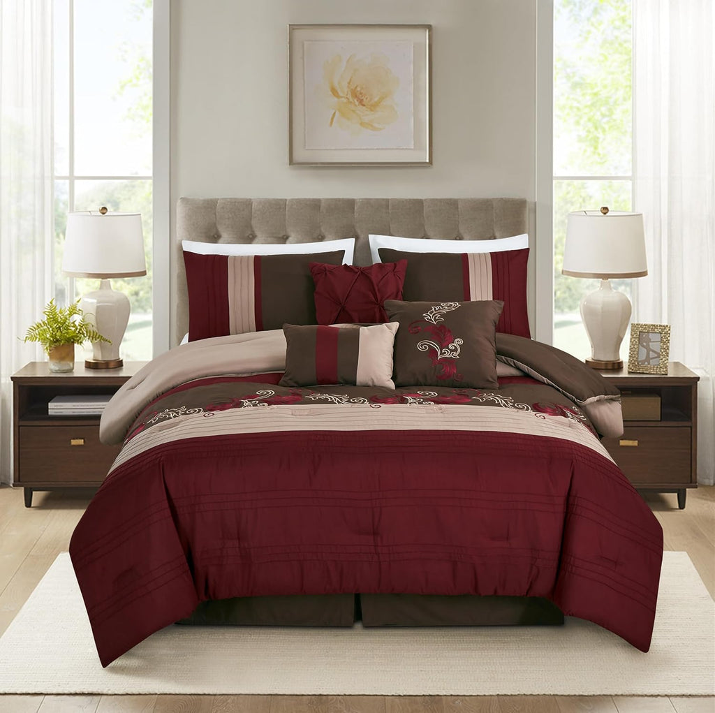 Chezmoi Collection Napa 7-Piece Luxury Leaves Scroll Embroidery Bedding Comforter Set (Oversized King, Burgundy/Taupe/Brown)