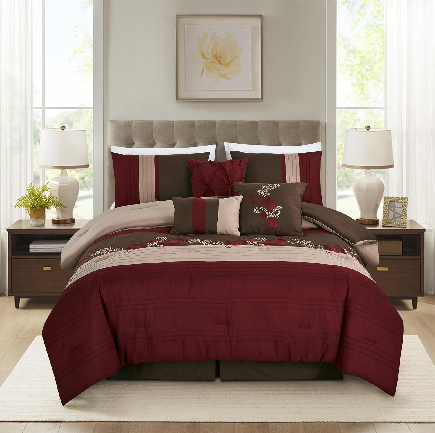 Chezmoi Collection Napa 7-Piece Luxury Leaves Scroll Embroidery Bedding Comforter Set (Oversized King, Burgundy/Taupe/Brown)