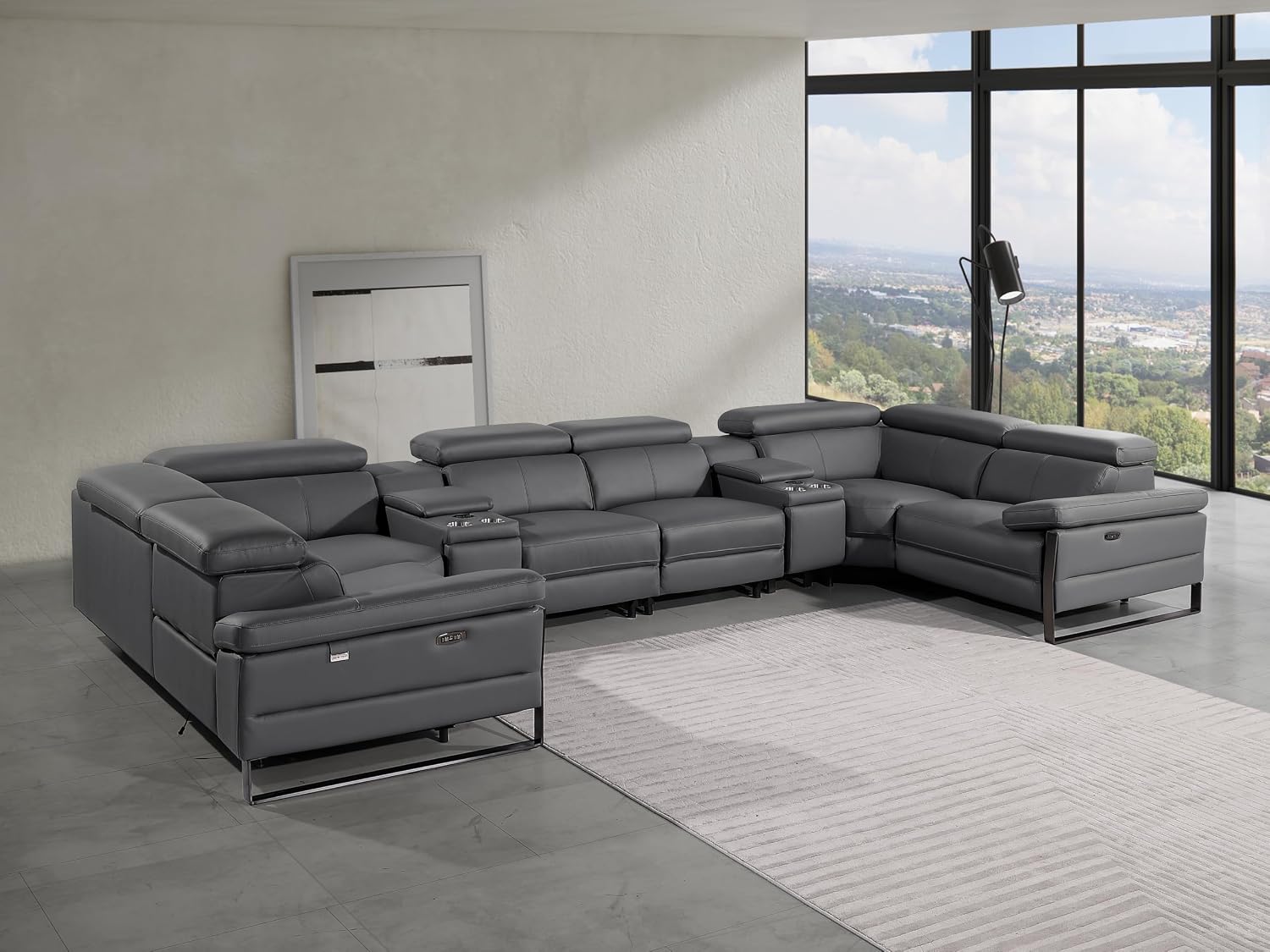 BlackJack Furniture Antonio 8 Piece U Shaped Power Reclining Sectional Sofa, Modular Couch with Top Grain Italian Leather, 4 Electric Recliners, USB & Wireless Chargers, Storage Console, Dark Grey