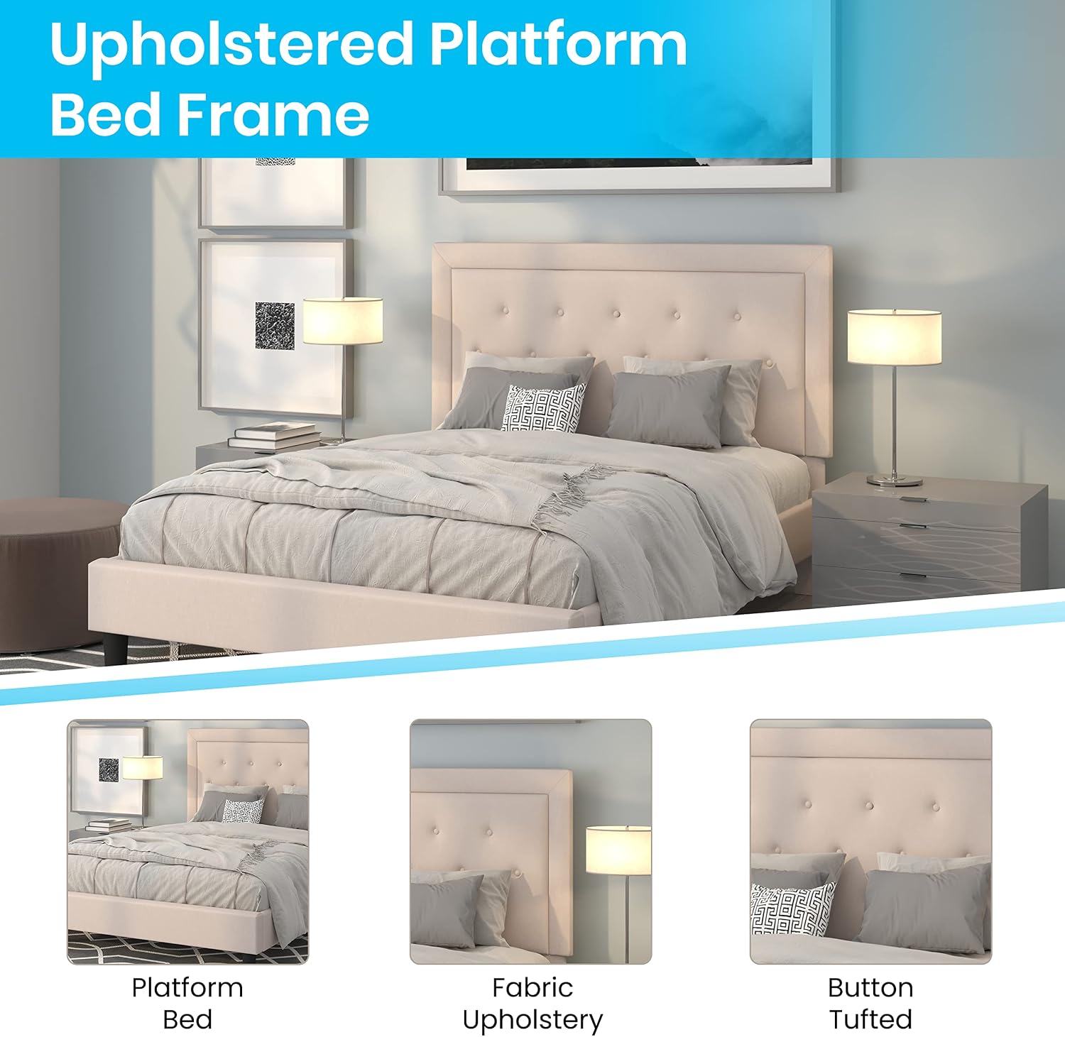 Flash Furniture Roxbury Queen Size Tufted Upholstered Platform Bed in Beige Fabric