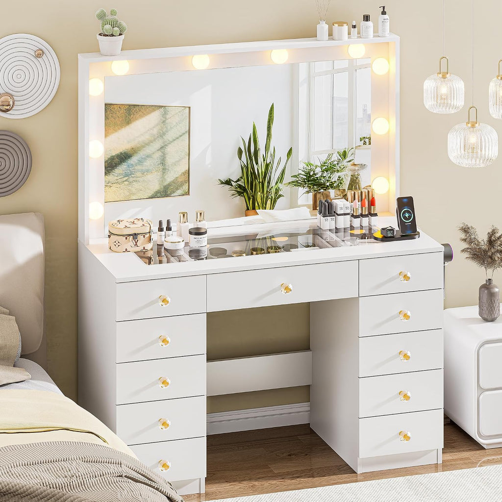 DINGIPP Vanity with Large Mirror and 10 LED Lights, Vanity Desk with Glasstop, 11 Drawers with Crystal Handles, Dressing Table with Power Outlet as Gift for Women, Girls (White)