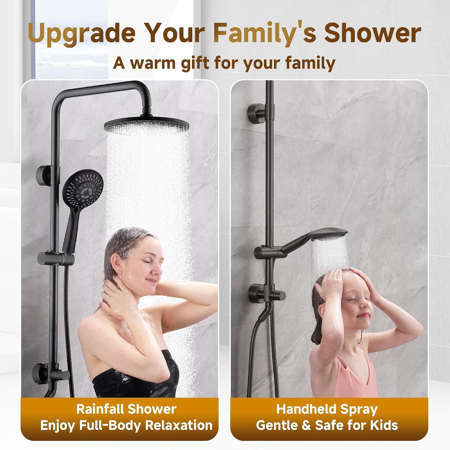 BRIGHT SHOWERS Shower System, 9 Inch Rain Shower Head with 5-Function Hand Shower, Dual Shower Combo with Height Adjustable Holder, Solid Brass Rail, 60 Inch Stainless Steel Hose, Oil-Rubbed Bronze