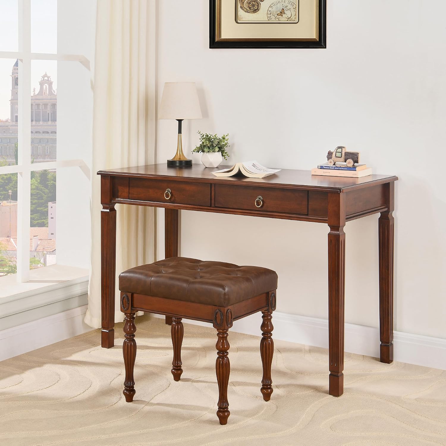 Solid Wood Makeup Vanity Table Set, 46.1' Large Dressing Vanity Table with 2 Drawers and Vanity Bench Stool Writing Desk with Solid Wood Legs & Button Tufted Cushioned Stool, Cherry&Brown