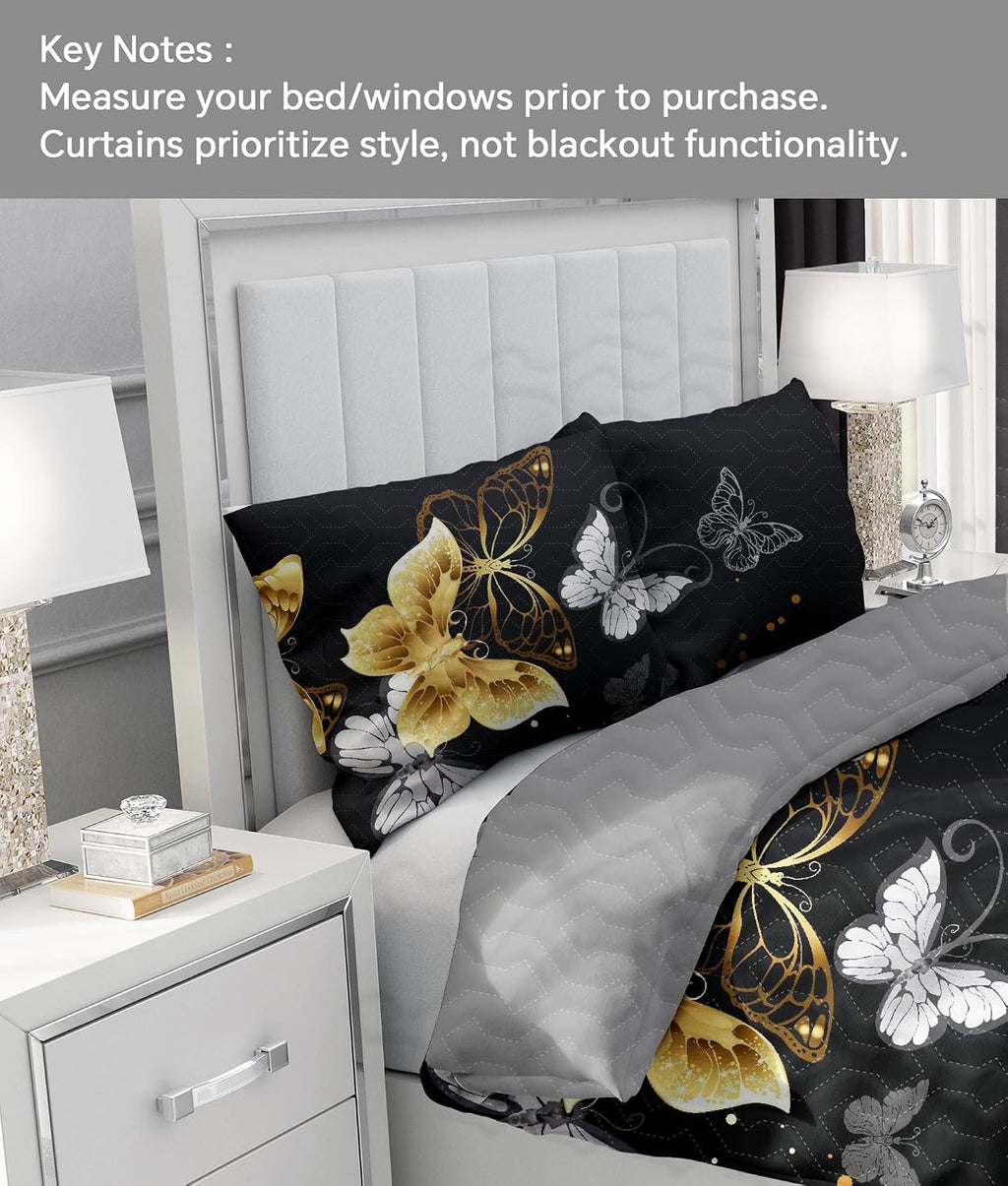 9-Piece Twin Comforter Set with Curtains Black Gold Butterfly Microfiber Glam Bedding