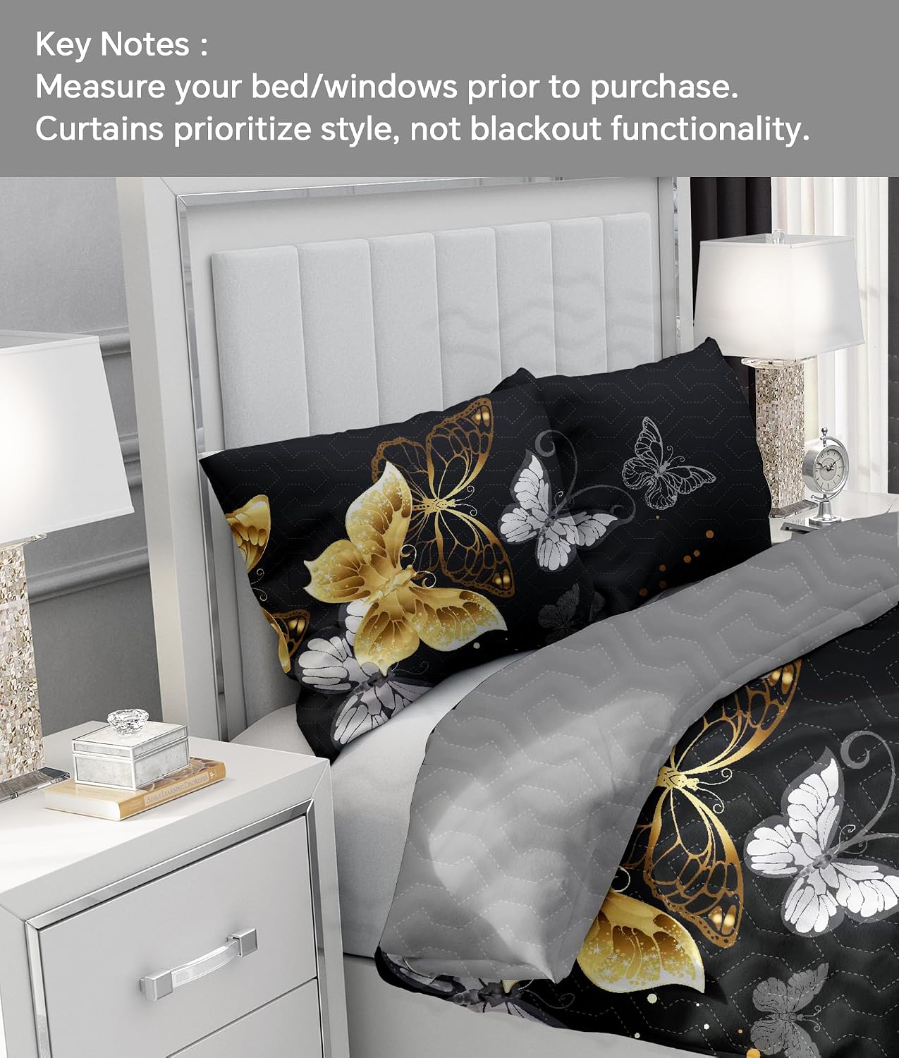 9-Piece Twin Comforter Set with Curtains Black Gold Butterfly Microfiber Glam Bedding
