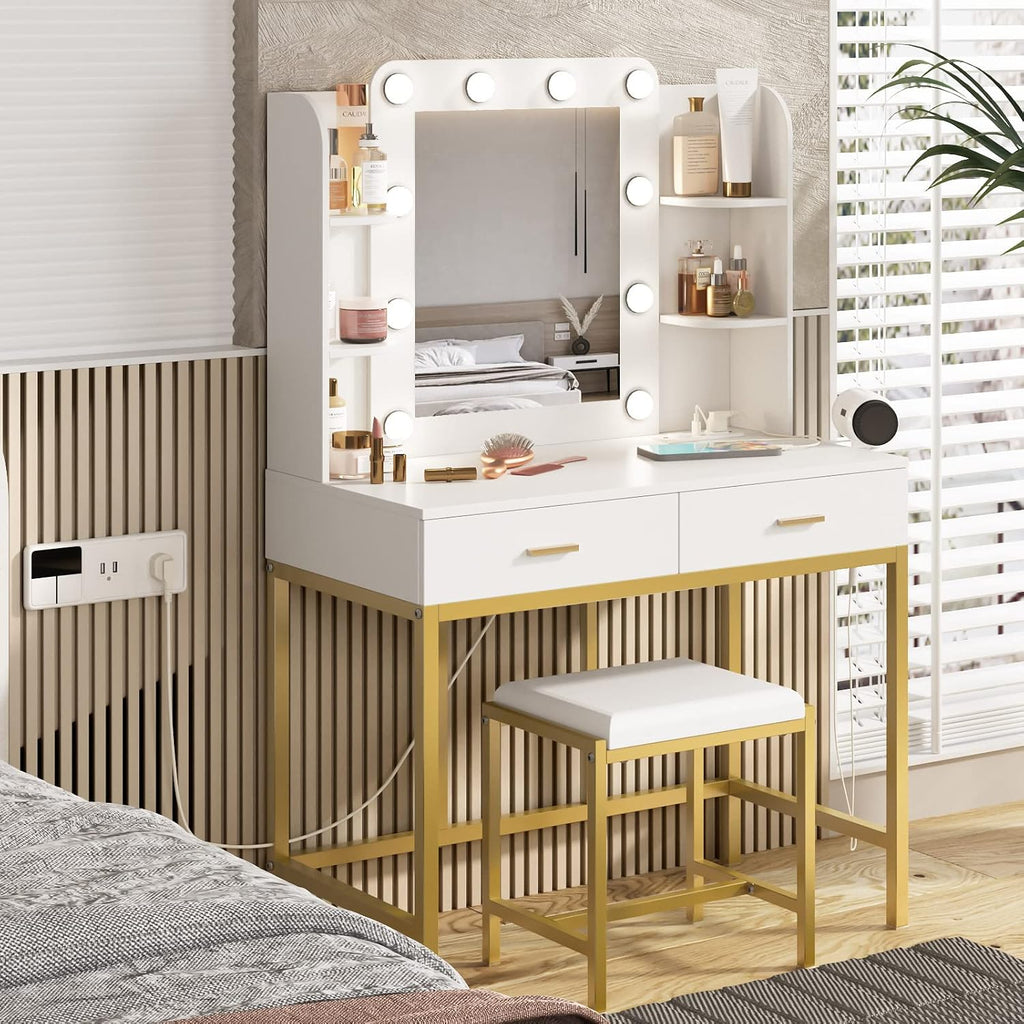 Vabches Vanity Desk with Mirror and 10 Led Lights, with Charging Station,Makeup Vanity Table Set with Lighted Mirror, with 3 Lighting Modes and 2 Drawers&Cushioned Stool for Bedroom