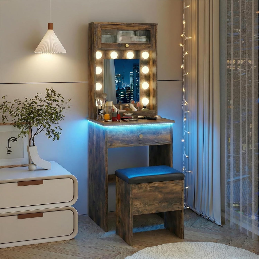 ARTETHYS Small Vanity Desk with Mirror and Lights Rustic Small Makeup Vanity with Storage Chair Mini Makeup Table Set for Bedroom Compact Dressing Table with RGB Lights for Tiny Space