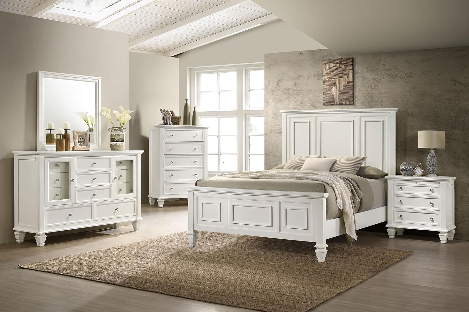 Coaster Home Furnishings Sandy Beach Coastal 5-Piece Bedroom Set Eastern King Size Panel Bed Frame 63-inch Headboard Cream White 201301KEN-S5