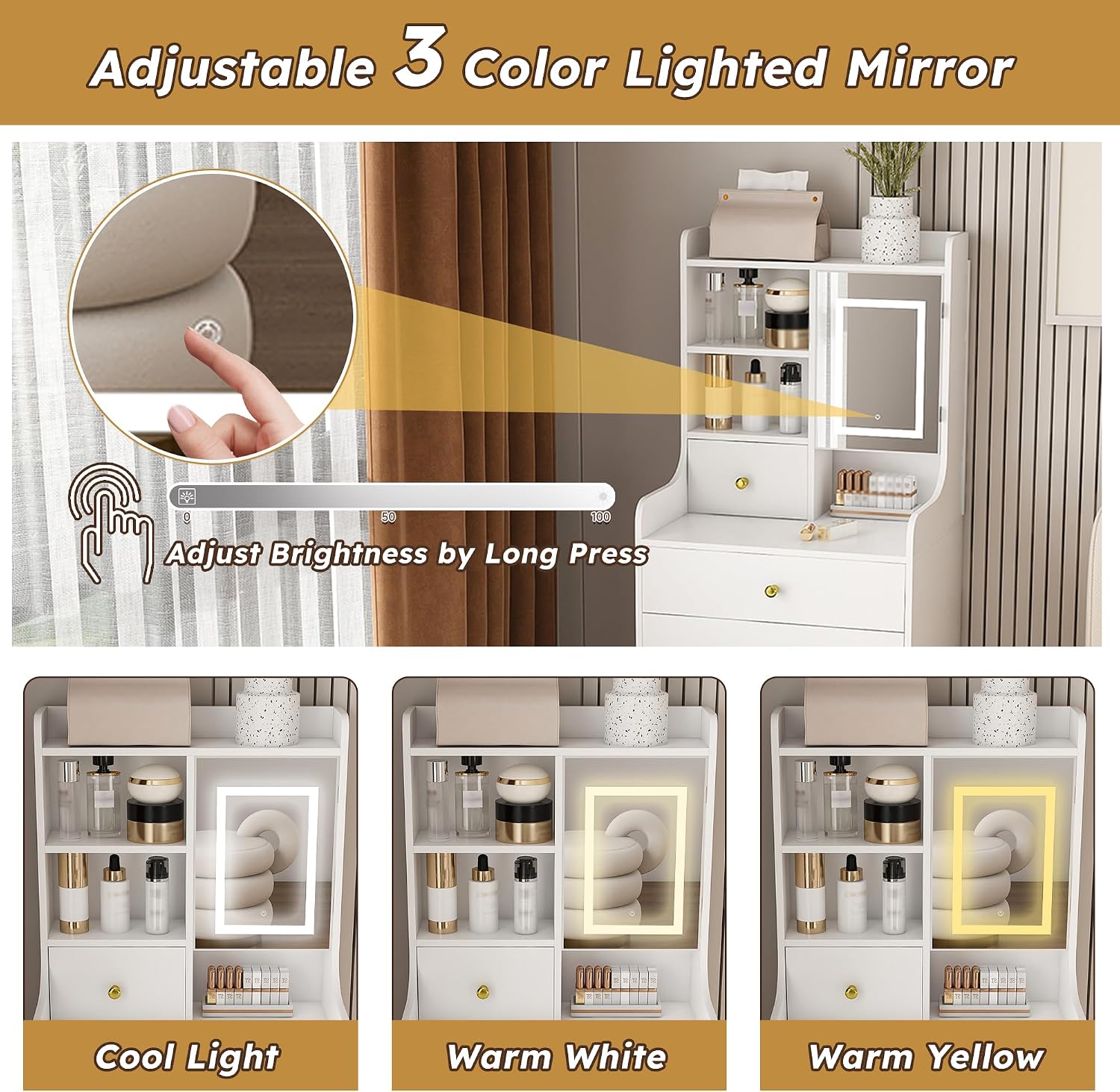 3-in-1 Vanity Desk with LED Mirror and Lights, Compact Makeup Vanity Table with 4 Drawers, Storage Cabinet, Hidden Stool & Shelves for Bedroom, White