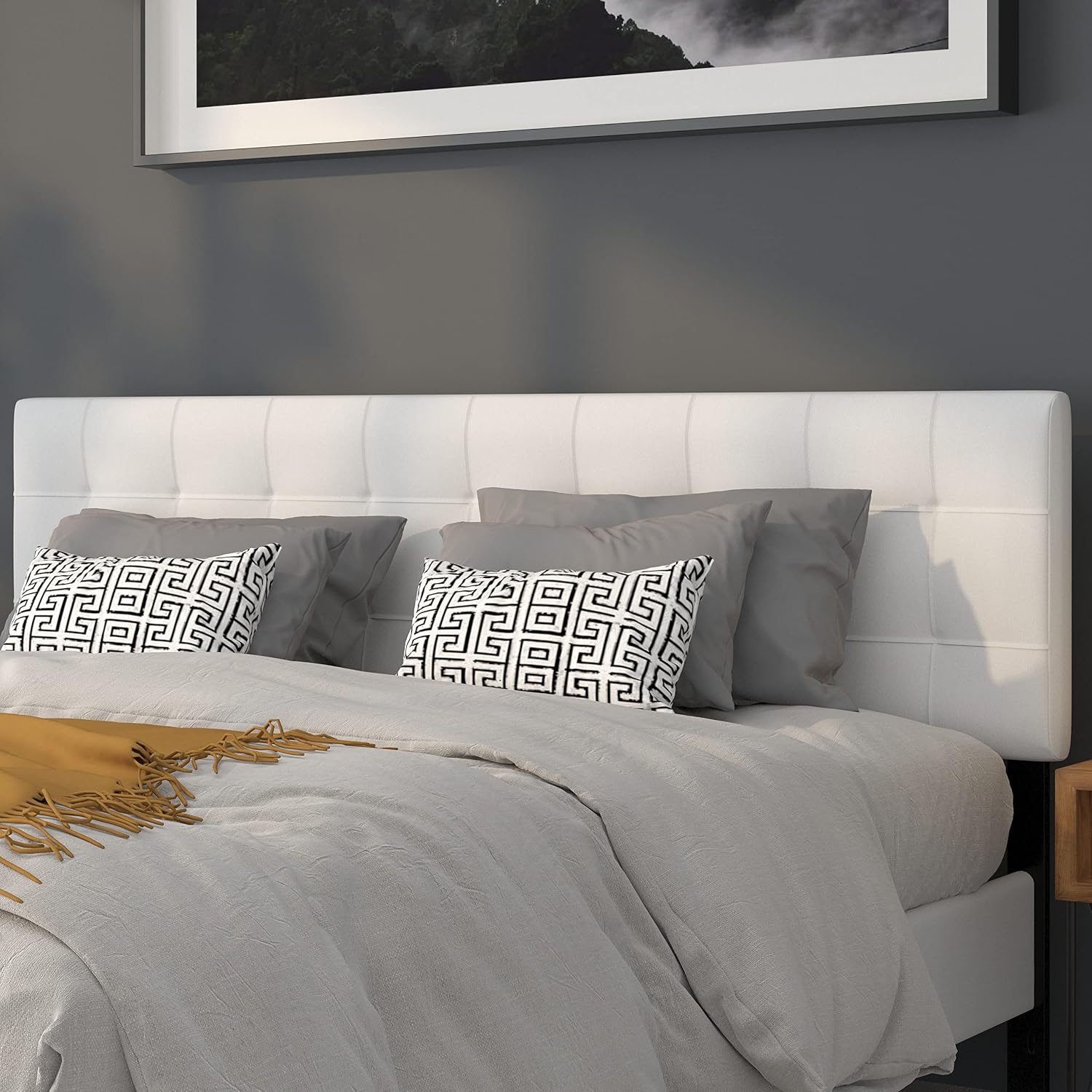 Flash Furniture Bedford Box Stitch Tufted Upholstered King Size Headboard in White Fabric