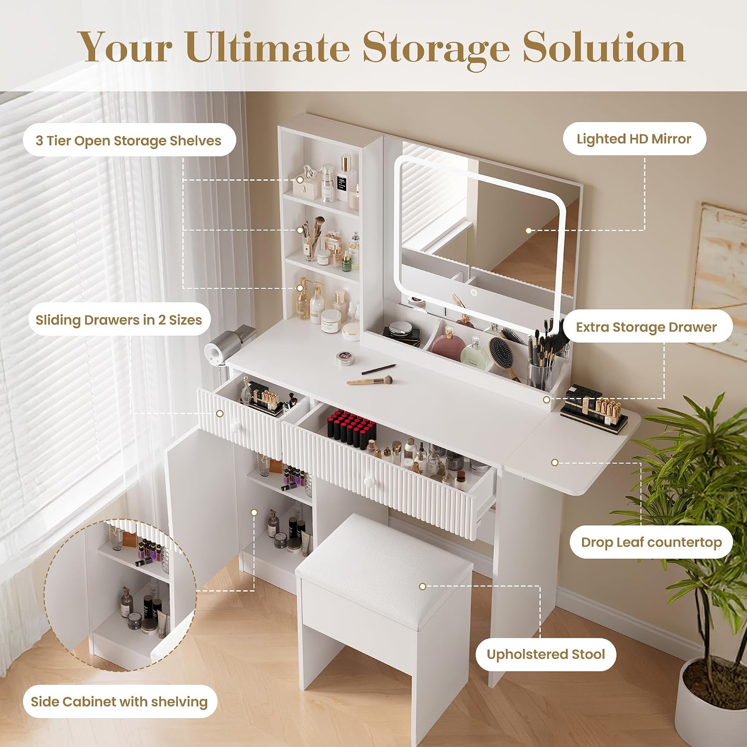 Patikuin Vanity Desk with Mirror and Lights, White Makeup Vanity with Charging Station, Dressing Table Set with Storage Chair, Drawer Shelves, and Foldable Panel for Compact Space Bedroom, White