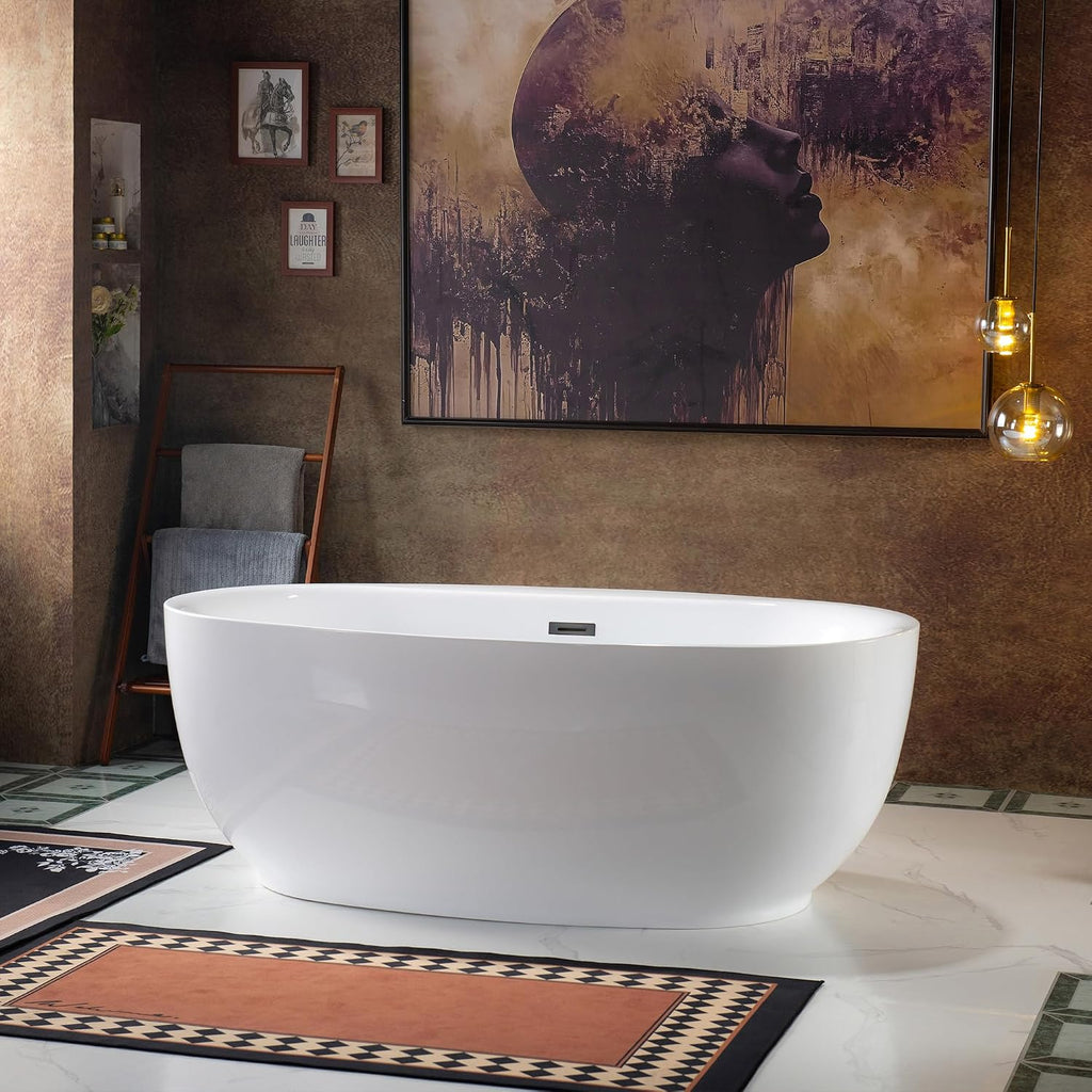 WOODBRIDGE 66' Acrylic Freestanding Bathtub Contemporary Soaking White Tub with Oil Rubbed Bronze Overflow and Drain，B0027-ORB