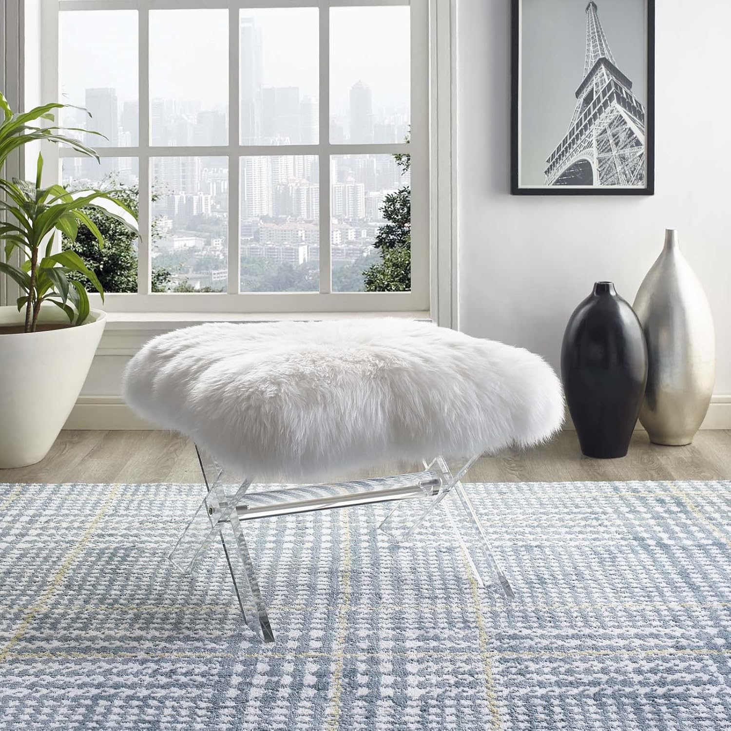 Modway Swift Acrylic X-Base Entryway Modern Bench With Authentic Pure White Sheepskin