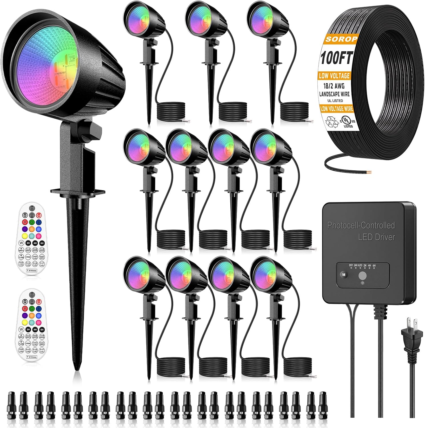 15W Low Voltage Landscape Lights Kit, RGBW Color Changing Spot Lights Outdoor with Transformer 100FT UL-Listed Wire, Low Voltage Lights IP66 Waterproof Remote Control for Garden House, 12Pack