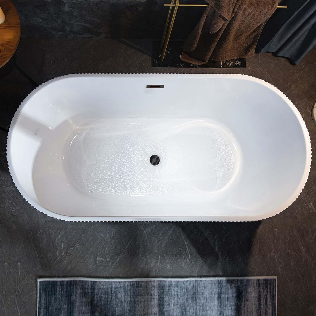 WOODBRIDGE 67' L x 31-1/2' W Freestanding Contemporary Soaking Bathtub,Unique Pleated Design, with Oil-Rubbed Bronze Pop-Up Drain Drain and Overflow Option, White,B1526-ORB